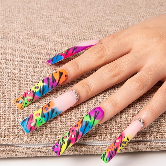 LOVFUL Press on Nails Illusion | Handmade with Full Covered Crystals | Reusable Fake Nails | Square | H123-S, pink
