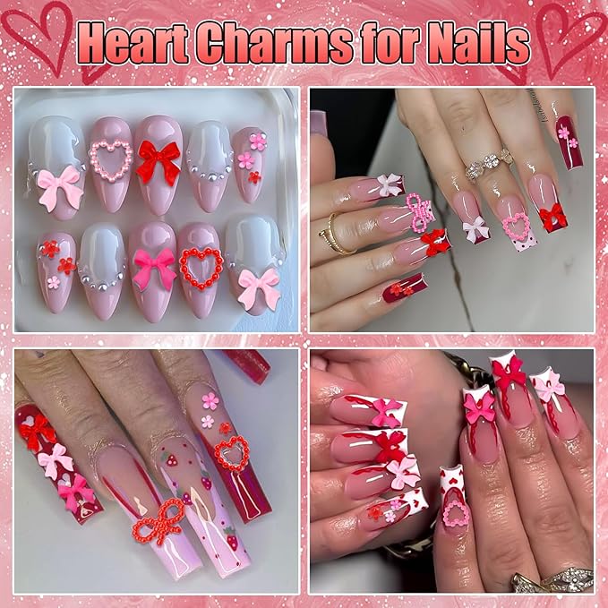BELICEY Valentines Pink Red Heart Bows Nail Charms 3D Hearts Nail Art Charm Resin Flatback Bow Charms for Nails Cute Kawaii Flower for Women Manicure DIY Nails Art Design Accessories Crafts