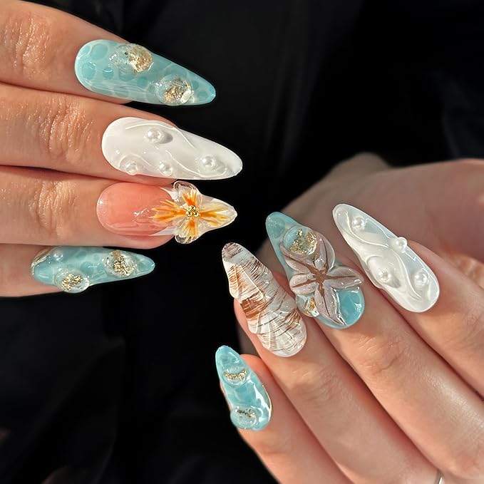Medium Press On Nails - Handmade 3D False Nails Long Almond 10 Pcs ReusableABS Material Finger Painting Nail Tip French Salon Design- M size