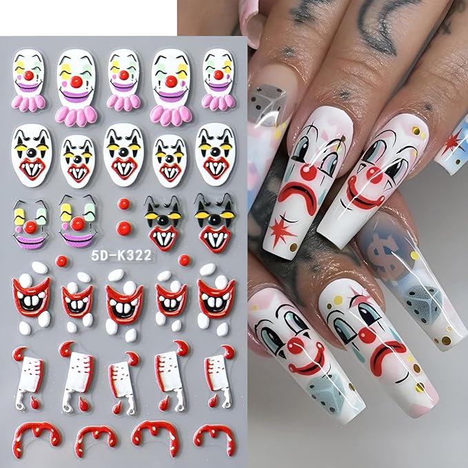 5D Halloween Nail Stickers Embossed Nail Art Decals Cute Ghost Pumpkin Stars Moon Clown Spooky Hand Skeleton Fall Design Self-Adhesive Supplies DIY Holiday Manicure Decoration for Women 4 Sheets