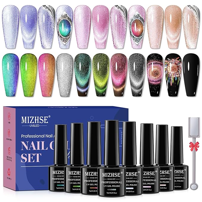 MIZHSE Cat Eye Gel Nail Polish Set 8 Colors with Magnet Stick: 9D Cat Eye Gel Polish and Shiny Wide Cat Eye Gel Set, Classic Holographic Glitter Galaxy Colors Gel Nail Kit for Nail Salon Home DIY