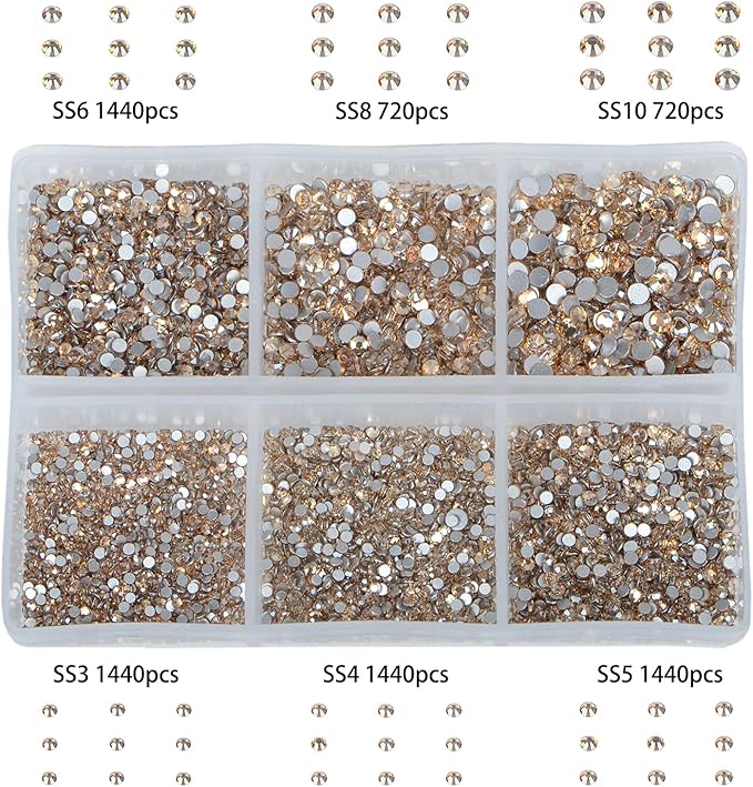 Bymitel 7200 Pieces 6 Mixed Sizes Glue Fix on Glass Rhinestones Round Crystal Gems Flatback for DIY Jewelry Making with one Picking Pen(6-Sizes 7200PCS, Lt. Peach)