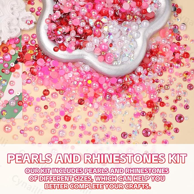 15 Grids Pearls and Resin Rhinestones for Crafting, Pink Red Colors White Bedazzling Gems Kit, Jelly Resin Rhinestones for Nails Face Eyes Makeup Crafts Tumblers Bottles