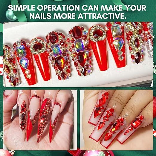 Makartt Red Nail Rhinestones Flatback Rhinestones Multi-Size Round Crystal Glass Nail Charms Diamonds Nail Jewels for DIY Crafts Makeup Nail Art Supplies Accessories Christmas Gift