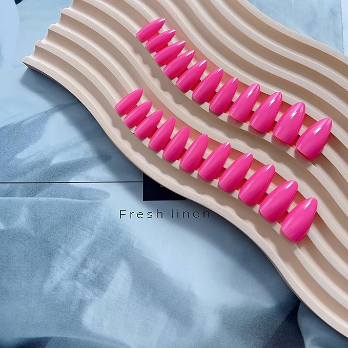 Hot Pink Press on Almond Shaped Medium Nails - Neutral Acrylic Reusable Fake Nails for Women Girls - Glue on Medium Length Stiletto False Soft Gel Artificial Nails