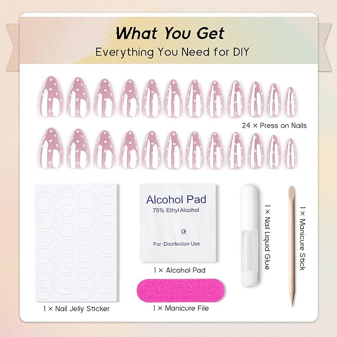Pearlescent Press on Nails Medium, Glazed Pink Mauve with Polka Dots Fake Nails Almond Chrome Acrylic Press Ons for Women, Natural Fit Full Cover Glue on Nails in 12 Sizes - 24 Pieces Nail Kit