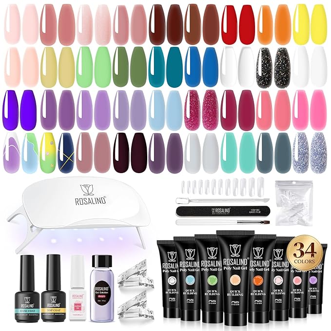 ROSALIND Coloful Poly Nail Gel Kit -34 Colors + Neon Accessories Clear Nude Poly Nails Gel Starter Kit with Mini UV Lamp Slip Solution Fall Colors Halloween Poly Extensions Kit