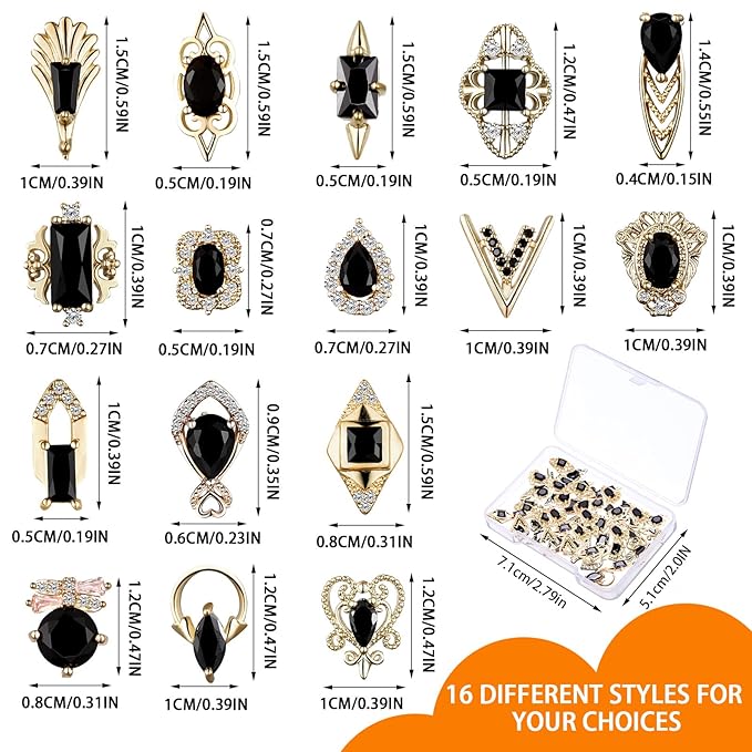 Leelosp 24 Pieces 3D Nail Charms Gold Luxury Black Rhinestones Nail Charms for Acrylic Nails Black Zircon Jewels Crystals Rhinestones with Storage Box for DIY Craft Art