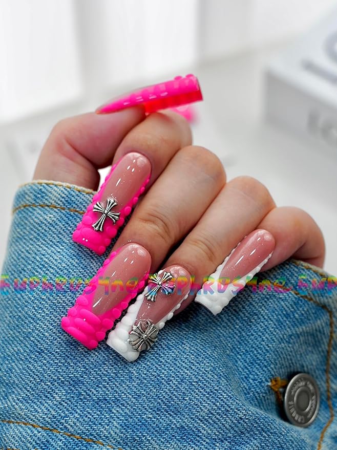 Euphrosyne Gothic Y2K Press On Nails – 10pcs Long Pink and White Square Fake Nails with 3D Cross Charms & Textured Tips.