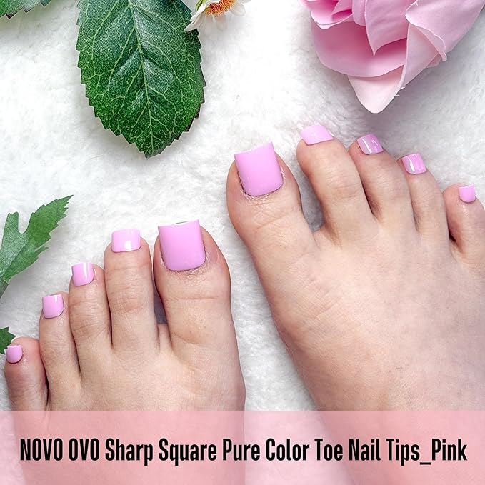 NOVO OVO Pink Square Toe Nail Tips - 240Pcs Soft Gel Press on Toenails, Solid Natural Pink Full Cover Fake Nails for Pedicure, PMMA Acrylic False Toe Nails Extension Kit (15 Sizes, Wide Fit)