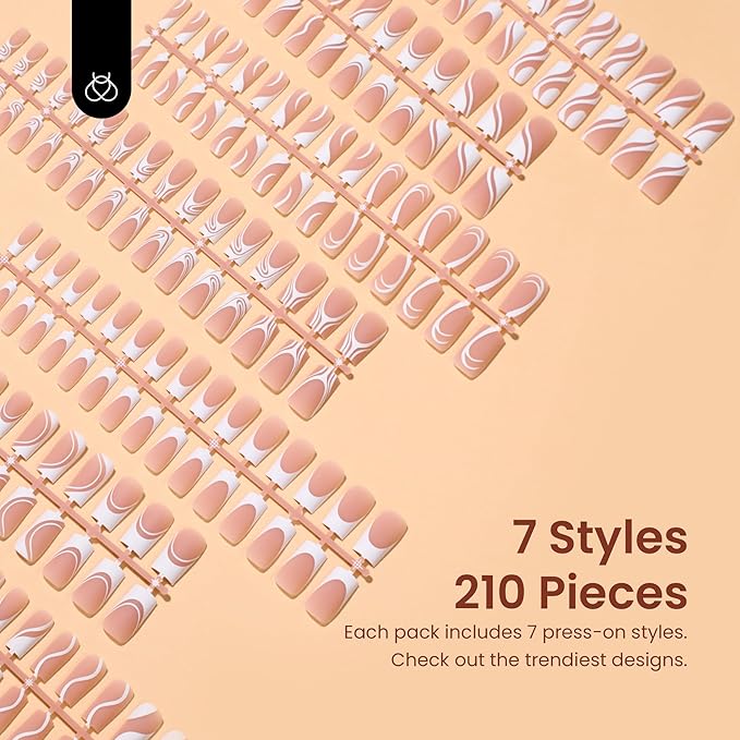 Beetles French Tip Press on Nails Long Square, 15 Sizes Soft Gel Nail Tips Jelly Brown 7 Styles Pre-Designed 4 in 1 Fake Nails Natural Look False Nail Tips for Nail Extensions Nail Art Gifts for Girls