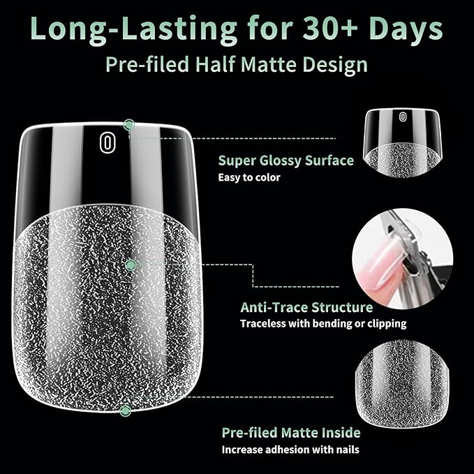 Short Square Nail Tips - 15 Sizes 330PCS Soft Gel Fake Nails, Half Matte Full Cover Pre-Shaped Clear Press On Acrylic Nails No C Curve for Extension, DIY Home Manicure for Women