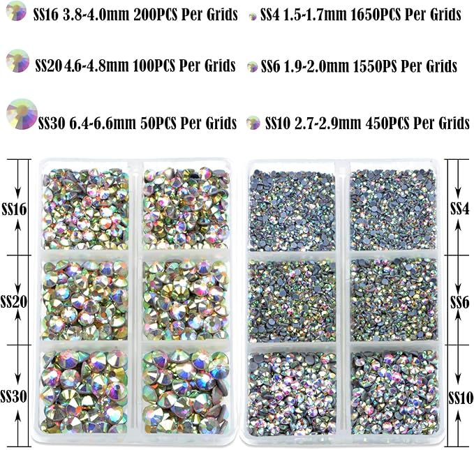 NCB Hotfix Iron on 8000pcs Crystal Rhinestones Round Gem for Crafts Decoration DIY Jewelry Making with a Tweezers and 2 Picking pens (Crystal AB, 6Sizes SS4-SS30)