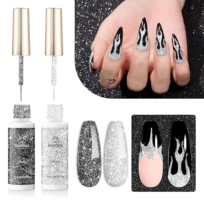 Beetles Reflective Glitter Gel Polish, 2 Pcs Liner Gel Nail Polish Set Black Silver Nail Art Glitter Soak off Uv Lamp Manicure Diamond Shinning Liner Nails Art Design Gifts for Women