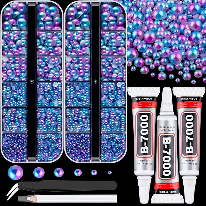 Flatback Pearls for Crafting with 3Pcs 10ml B7000 Jewelry Glue, 2 Boxes of Half Round Blue Mermaid Pearls, Bedazzling Beads for DIY Crafts Clothing Tumblers Shoes Embellishment Nail Art