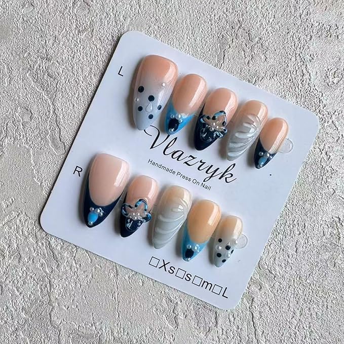 Handmade Press On Nails, Blue French Tip Winter Medium Almond Nails with 3D Flower Art | Reusable Fake Nails Kit for Women, Salon-Quality Glue-On False Nails（10PCS)