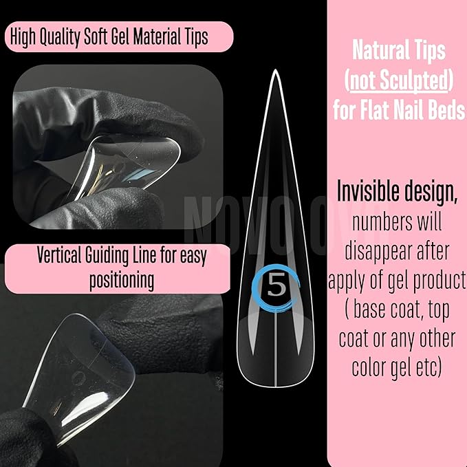 NOVO OVO Halloween XXL Straight Sharp Stiletto Natural Nail Tips Press on (not Sculpted), Normal Thick Extra Long Soak Off Soft Gel Fake Nail Extension, Full Cover False Nails for 12 Sizes 240 pcs