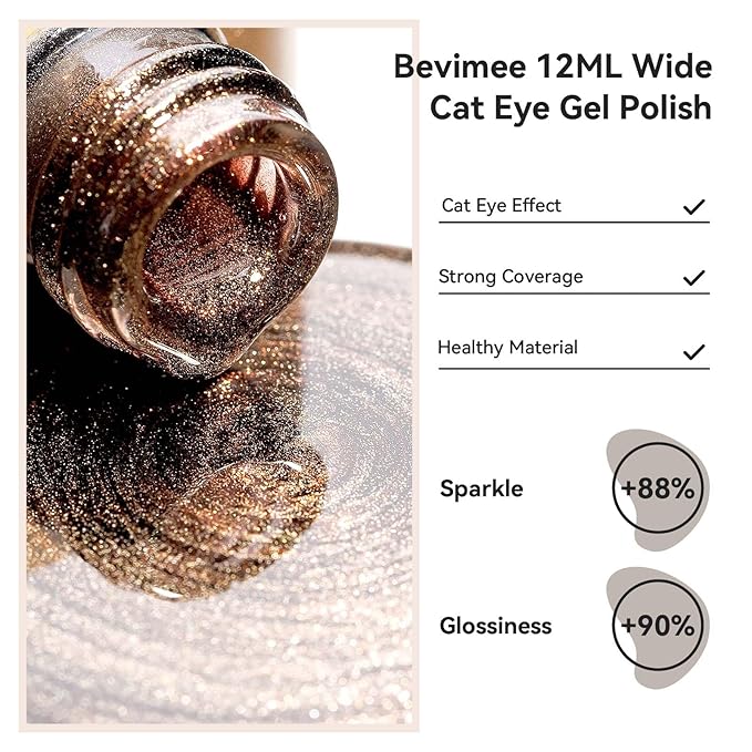 Cats Eye Gel Nail Polish, Dark Brown Magnetic Polish With Magnet, Glitter Holographic Shimmer Cateye Effect, UV Velvet Nail Art Manicure Salon DIY Home, 12ML