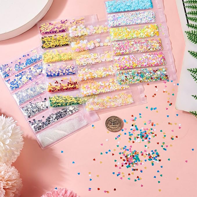 FASHEWELRY 5 Bags Nail Art Glitter Sequins Colorful Sparkle Moon Heart Round Nail Sequin 3D Glitter Flakes Nail Supplies for Women Girls Manicure Decorations Accessories