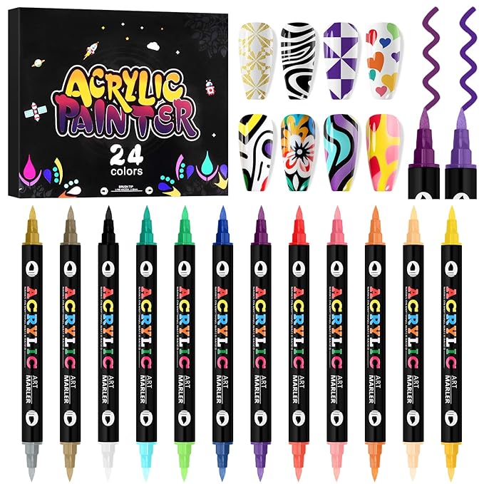 Kalolary 24 Colors Nail Art Pens Set,12PCS 3D Nail Polish Pens Double-Ended Acrylic Paint Pen Nail Art Markers Quick-Drying Nail Art Tools for Dotting Drawing Painting DIY Nail Art Beauty Manicure（E）