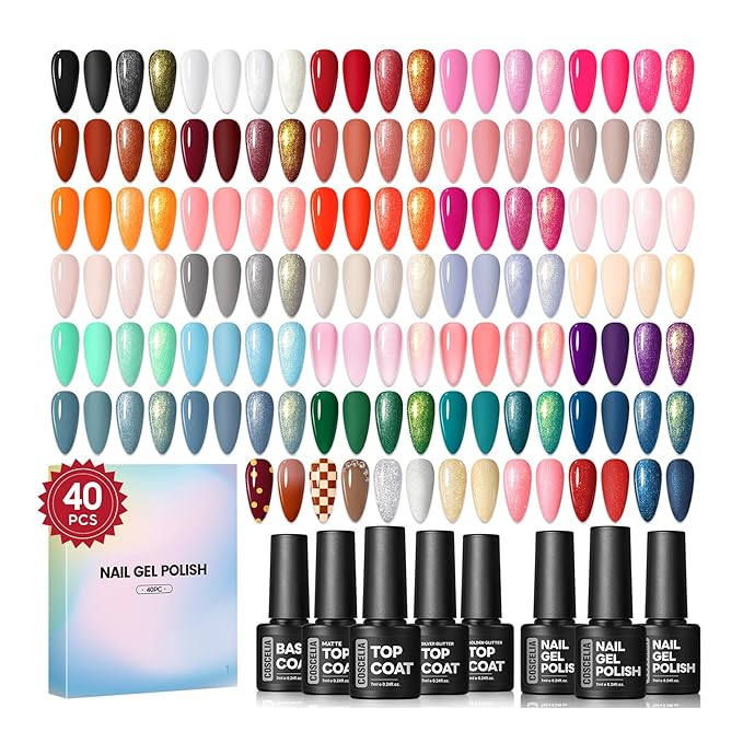 COSCELIA 40pcs Gel Nail Polish Set, 35 Colors Nail Gel polish with 5 Bottles Base and Top Coat White Brown Black Nude Red Orange Winter Spring Colors Nail Art Valentines Day Gifts for Women Girls