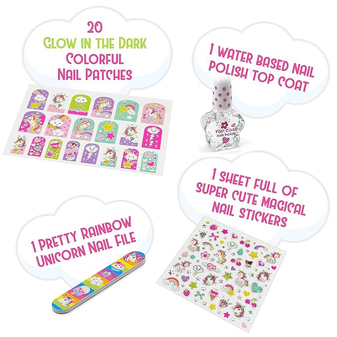 Hot Focus Unicorn Nail Kit – Kids Nail Polish Set for Girls Ages 5 6 7-12 with 77+ Pieces, Spa Kit, Nail Art Decoration Set, Glow-in-the-dark, Stickers, and Water-Based Polish - Girls' Nail Kit.