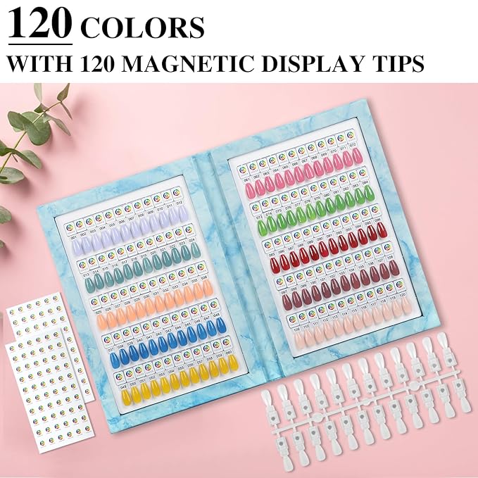 120 Magnetic Nail Color Book,Leather Magnetic Color Display Book with 120 Magnetic Tips & 1-120 Number Labels,Perfect for Nail Polish Nails Art Design(Blue)