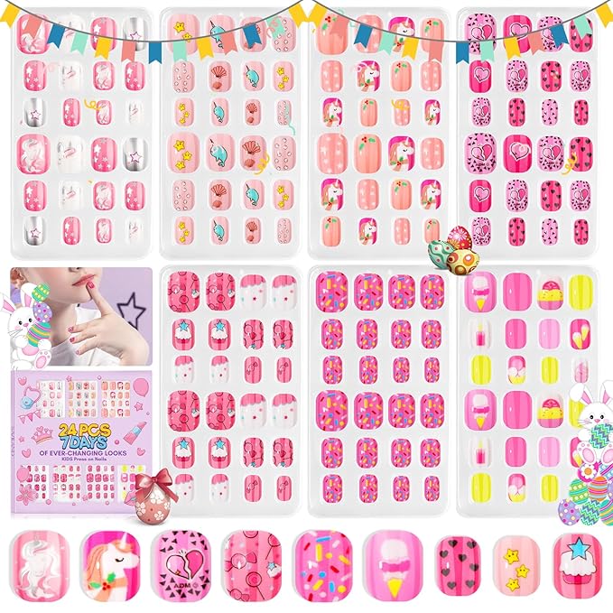 SAVILAND Press on Nails for Kids 168PCS: Kid Press on Nail for Girls Colorful Patterns Kids Fake Nails Tips Strong Adhesion Short Square False Acrylic Nail Art Christmas Easter Gifts 8-12 Years Child