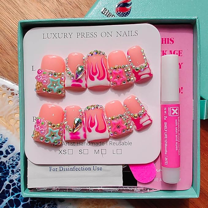 Handmade Press on Nails short Square Shape M Size/Gleamrain Luxury Duck Hand Made Cute Acrylic Glue on Nails With Rhinestones and Flower Design Duck Nail for Women and Girls 10 Pcs