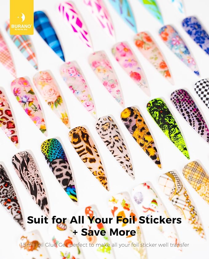 BURANO Nail Art Nail Foil Glue Gel, o.5 oz with 10PCS Foil Stickers Set Nail Foil Glue for Nails Foil Transfer Gel, Nail Design DIY UV LED Lamp Required (Popular Foil 12)