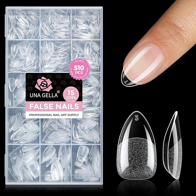 UNA GELLA Short Almond Nail Tips, 510Pcs 15 Sizes Pre-Etched Soft Gel Nail Tips Almond Shape Half Matte Full Cover Clear Fake Nails Extensions for DIY & Salon Manicure Soak Off