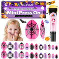 24Pcs Halloween Press on Nails, Fake Nails Full Cover Cute False Nails with Ghost Web Designs Pink Glossy Stick on Nails for Girls Kids with Nail Glue