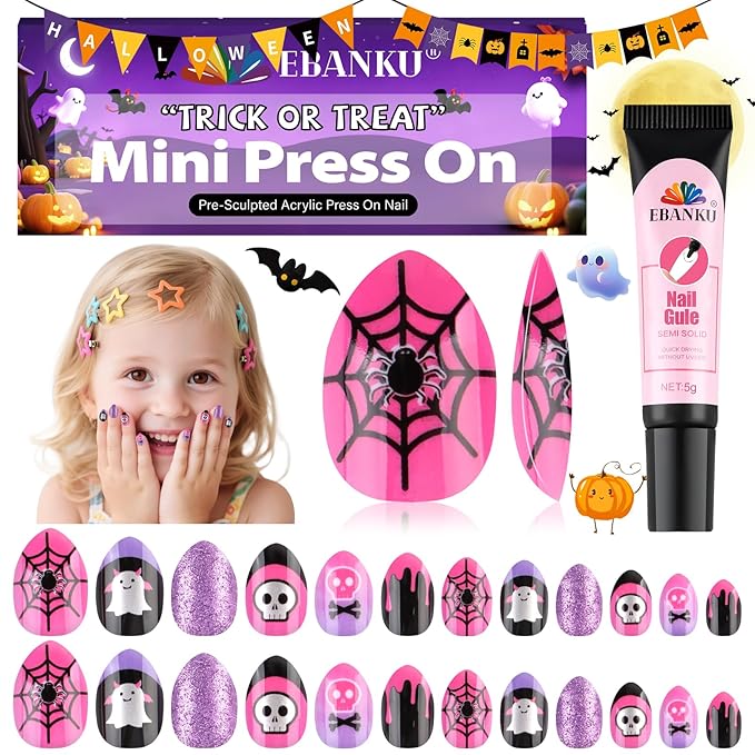 24Pcs Halloween Press on Nails, Fake Nails Full Cover Cute False Nails with Ghost Web Designs Pink Glossy Stick on Nails for Girls Kids with Nail Glue