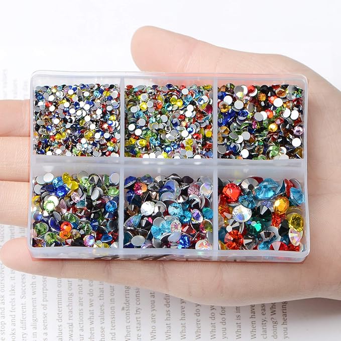 AD Beads 4300 Pieces Flat Back Nail Art Rhinestones Round Beads 6 Sizes (2-6.5mm) with Storage Organizer Box,Rhinestones Picking Pen for Nail Art Phone Decorations Crafts DIY (Mixed Color)