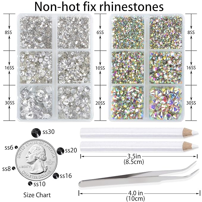 LPBeads 6000 Pieces Clear and Clear AB Non Hotfix Rhinestones 6 Sizes Round Crystal Glass Flat Back Rhinestones with Tweezers and Picking Pen for Nail Art Crafts Clothes Bags DIY