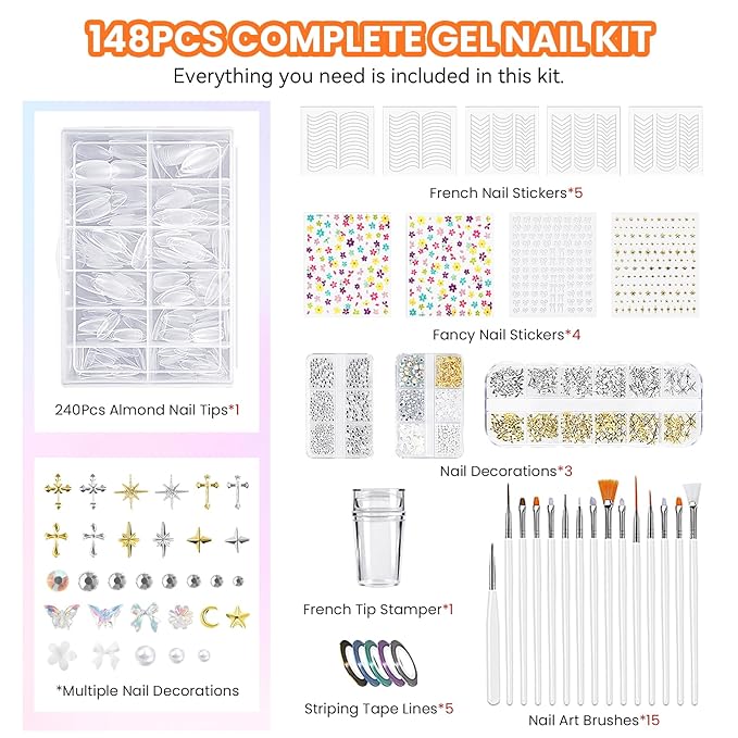 VANREESA 148Pcs Gel Nail Polish Kit with U V Light Almond Nail Tips Nail Drill -60 All Seasons Colors Gel Polish Set with 6Pcs Base Top Coat Gel Nail Kit for Beginners with Everything Gifts for Women