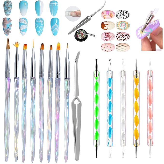 14PCS Professional Nail Art Brush Set,Crystal Handle Liner Brushes,Acrylic & Gel Nail Brush,Dotting PaintingTools,Nail Sculpture Pincher Tweezer for Manicure,Home Salon Kit