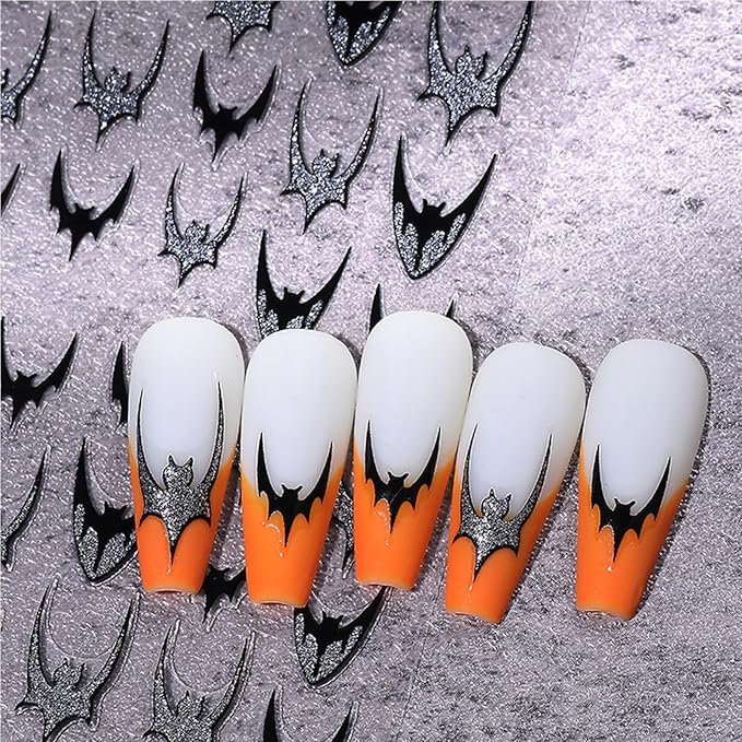Halloween Bat Nail Stickers, Glitter Golden & Silver French Smile Bat Self-Adhesive Nail Art Decals for DIY Manicure (4 Sheets)