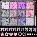 600 Pcs 3D Nail Charms and Flatback Pearls Set 12, 6 Colors Nail Bows Charm + Pink&White Star Heart Cute Nail Jewels + 2-4mm White Nail Pearls for Nail Art DIY Decoration with Pickup Tools