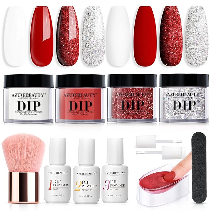 AZUREBEAUTY Dip Powder Nail Kit Berry Red Silver Glitter, 4 Colors Dipping Powder Set, French Nail Art Base Top Coat Activator Essential Liquid Manicure No Lamp Needed Salon