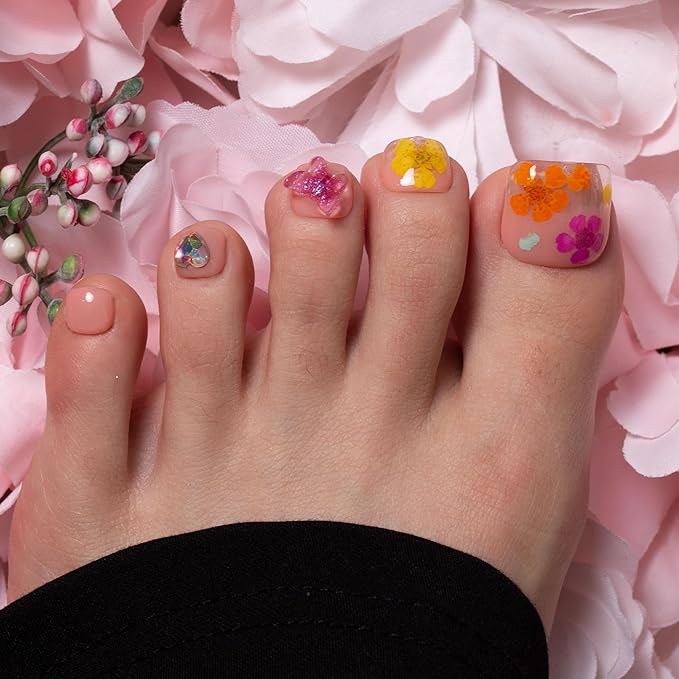 LOVFUL Handmade Acrylic Press on Toenails Flora | Salon Quality 20 PCS Free Size Toe Nails | Reusable Fake Nails for Toe | T176