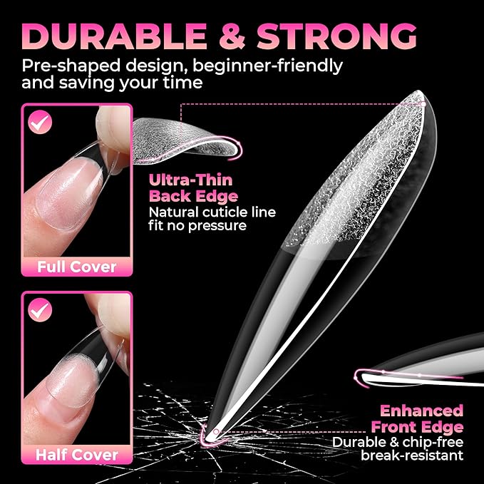 UNA GELLA Almond Nail Tips: 510Pcs Almond Gel Nails Tips 15 Sizes Pre-Etched Full Cover Almond Clear Press on Nails Acrylic False No C Curve Nail Tips for Press on Nail Extensions Home DIY Salon