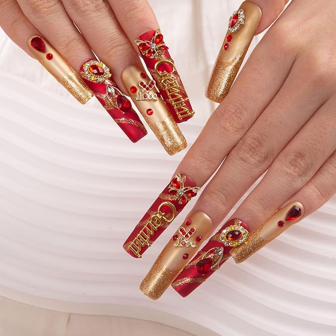 LOVFUL Press on Nails Gemini| Handmade with Full Covered Crystals| Reusable Fake Nails| Square Mid length 1.7in| H253-M