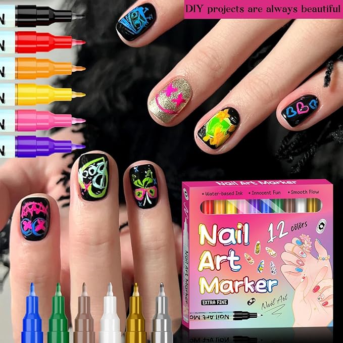 Waterproof Nail Art Pen, 12 Colors Nail Art Pen Set, 0.5mm Precision Control, Quick Drying Markers for & DIY, Complete Kit with Fine Tip Pens