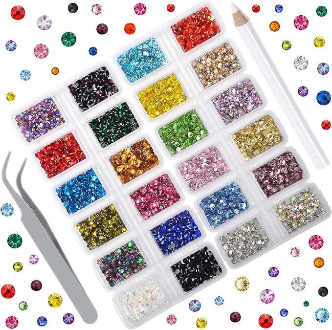 24 Colors 6400 Pieces Rhinestones Round Crystal Glass Flat Back Rhinestones with 1Tweezers and 1Picking Pen for Nail Art Crafts Clothes Bags DIY (ss10)