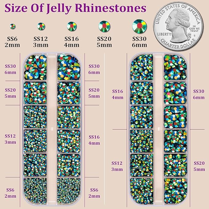 Resin Jelly Rhinestones for Crafting with B7000 Jewelry Glue, 2 Boxes Emerald Black AB Flatback Crystals with 3Pcs 10ml Glue, Bedazzling Non Hotfix Gems for DIY Tumblers Clothing Shoes Manicure