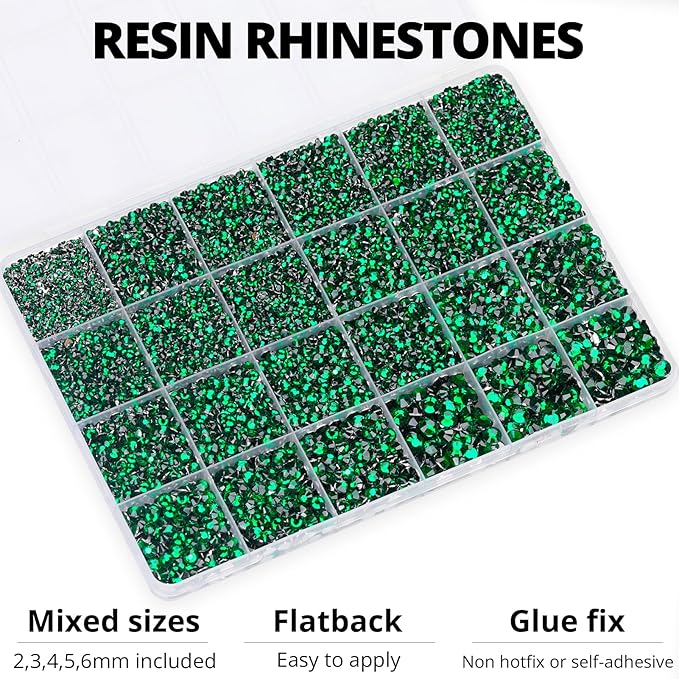 20100Pcs Green Resin Rhinestones 2,3,4,5,6mm Flatback for Bedazzling Crafting Crafts Clothing Clothes Fabric Shoes Nail Art, Emerald Dark Green Flat Back Gems Diamonds Jewels Crystals Gemstones