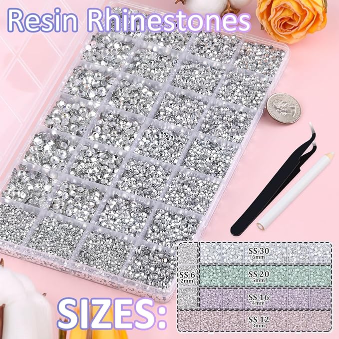 30000Pcs Resin Rhinestones for Bedazzling with Tweezers, Clear Rhinestones for Crafting with B7000 Jewelry Glue for DIY Crafts Clothing Tumblers Shoes Fabric Nail Art
