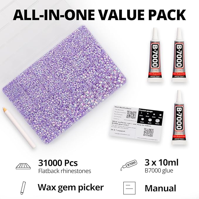 31000Pcs Lavender Resin Rhinestones for Bedazzling, 2-6mm Mixed Sizes, Bedazzled Flatback Gems Crystal Jewels Diamonds Gemstones Stones Bedazzle Set with B7000 Glue for Crafting Clothes Crafts
