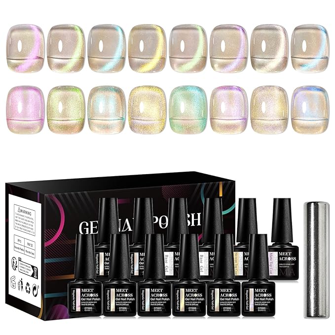 MEET ACROSS 12 Pcs Cat Eye Gel Nail Polish Set, Blue Tears Auroras Magnetic Gel Polish, Blue Pink Yellow Purple Glassy Glitter Holographic Nail Polish with Base Top Gel for Nail Art Manicure Salon DIY